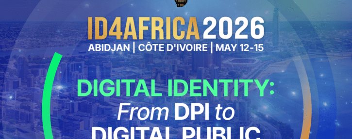 ID4Africa 2026 banner featuring a binary-coded Africa map above the text about digital identity on a blue cityscape background.