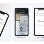 Five onboarding screens on a smartphone showing how the app scans identity documents and reads data from a chipped ID for verification, with progress indicators and menus.