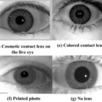 Collage comparing an eye under different conditions: paper printout, cosmetic contact lens, colored lens, transparent lens, live eye, printed photo, no lens, and soft contact lens.