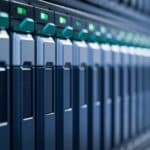 Row of server rack units in a data center with green status LEDs indicating activity.