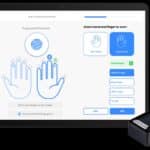Tablet screen showing a Fingerprint Preview with two outlined hands and options to select left or right hand for scan, during new patient registration.