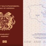 Armenian passport cover with coat of arms and 'Republic of Armenia Passport' text on a maroon background (left).
