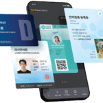Smartphone with a digital wallet showing multiple floating ID cards (Korean taekkyon certificate, student card, pet registration, medical card).] ,