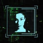 Blue pixelated silhouette of a person’s head inside a glowing grid and cyan frame against a dark tech background