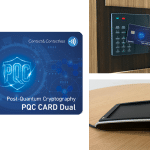 Collage showing a blue Post-Quantum Cryptography 'PQC Card Dual' card, a hand inserting a card into a door reader, and a card resting in a sleek terminal.