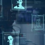 Blue holographic panels show pixelated portraits of people framed in glowing squares with code and data in the background, symbolizing digital profiling and security.